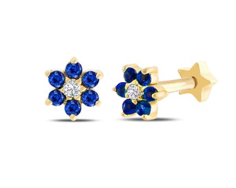 Genuine Sapphire Flower Design Tragus Piercing, 14K Screw Back Piercing, Sapphire Helix Piercing, Dainty Conch Studs Earring for Wedding