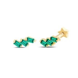 Triple Baguette Emerald Piercing, Genuine Gold Helix Earring, Dainty Everyday Single Earring, Cartilage Tragus Stud Earring, Real Gold