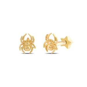 14K Solid Gold Spider Minimal Earring, Tiny Tragus Animal Piercing, Cute Earring, Helix Screw Back Stud Piercing, Animal Piercing, Real Gold