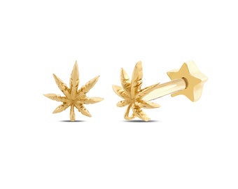 14K Solid Gold Leaf Piercing, Minimalist Tragus Piercing, Gold Stud Piercing, Stud Ear Piercing, Flower Stud Earring, Leaf Piercing