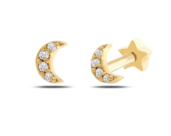 Moon Tragus Piercing, 14K Solid Gold Cartilage Helix Moon Design Piercing, Screw Back Earring, Moon Design Cartilage Minimal  Piercing