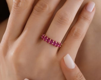 14K Solid Gold Ruby Ring, Oval Cut Half Eternity Ruby Ring, Stackable Natural Genuine Ruby Ring, July Birthstone Ring, Handmade Jewelry