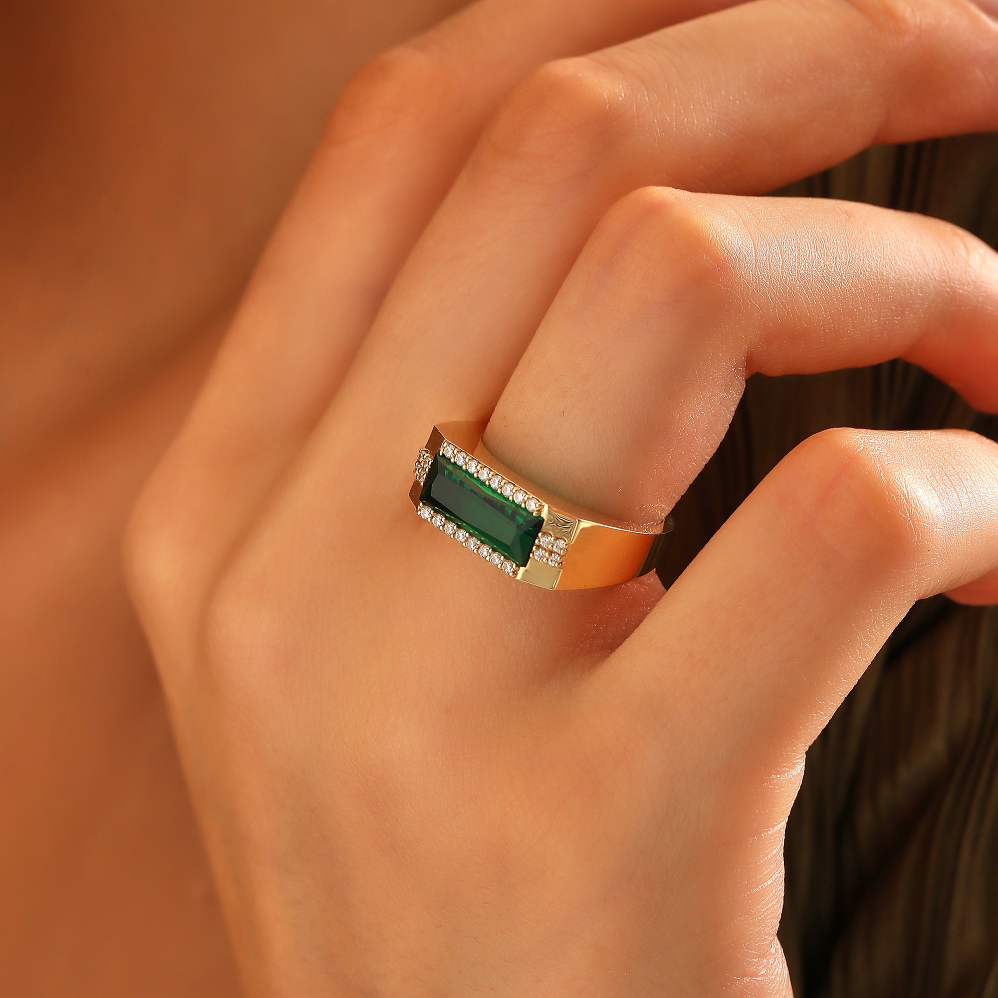 Art Deco Emerald Engagement Ring, 14K Solid Gold Vintage Anniversary Ring Women, Antique Design Mothers Ring, Green Gemstone Anxiety Ring