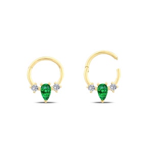 14K Solid Gold Cartilage Hoop, Pear Emerald Hoop Earring, Dainty Nose Ring Hoop, Teardrop Huggies, High Quality Rook Earring, Valentines Day