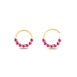 Oro blanco rosa sólido de 14 quilates, 7 cortes redondos de rubí natural Clicker Huggie Hoop Cartilage Earring Conch Hoop Helix Hoop, 16g Piercing Jewelry
