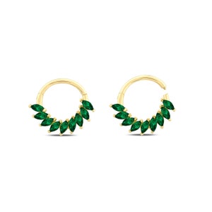 Natural Emerald Minimal Hoop Earrings, 14K Gold Cartilage Earring, Genuine Marquise Cut Emerald Hoop Earring, Everday Piercing for Women