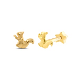 14K Solid Gold Squirrel Tragus Piercing, Tiny Tragus Animal Piercing, Cute Earring, Helix Flat Back Stud Piercing, Rook Piercing, Real Gold