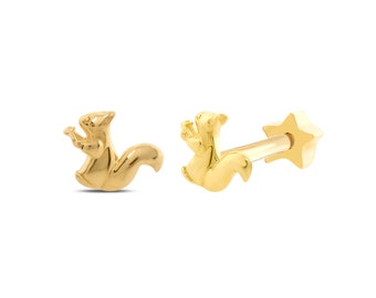14K Solid Gold Squirrel Tragus Piercing, Tiny Tragus Animal Piercing, Cute Earring, Helix Flat Back Stud Piercing, Rook Piercing, Real Gold