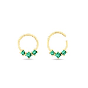 14K Solid White Rose Yellow Gold, Trio Round Cut Emerald Clicker Huggie Hoop Cartilage Earring Conch Hoop Helix Hoop, 16g Piercing Jewelry