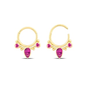 14K Solid White Rose Yellow Gold, Pear Shape Natural Ruby Clicker Huggie Hoop Cartilage Earring Conch Hoop Helix Hoop, 16g Piercing Jewelry