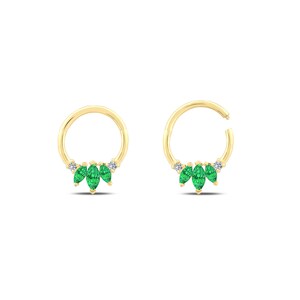 14K Solid White Rose Yellow Gold, Clicker Huggie Marquise Cut Emerald Hoop Cartilage Earring Conch Hoop Helix Hoop, 16g Piercing Jewelry