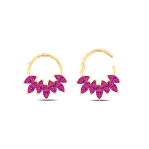 Natural Ruby Minimal Hoop Earrings, 14K Gold Cartilage Earring, Genuine Marquise Cut Ruby Hoop Earring, Everday Piercing for Women