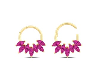 Natural Ruby Minimal Hoop Earrings, 14K Gold Cartilage Earring, Genuine Marquise Cut Ruby Hoop Earring, Everday Piercing for Women