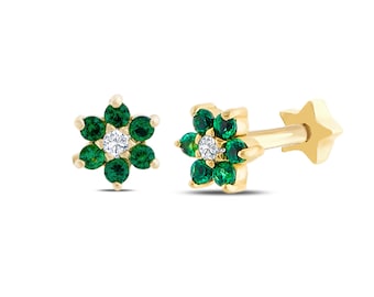 14K Solid Gold May Birthstone Emerald Earring, Cartilage Piercing Flower Design, Natural Emerald Tragus Piercing, Flat Back Cartilage