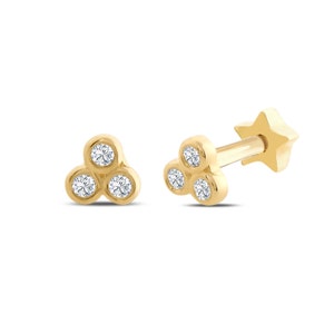14K Solid Gold Trio Piercing, Gold Tragus Piercing, Cartilage Tragus Trio Piercing, Round Cut CZ Piercing, Dainty Single Earring, Real Gold