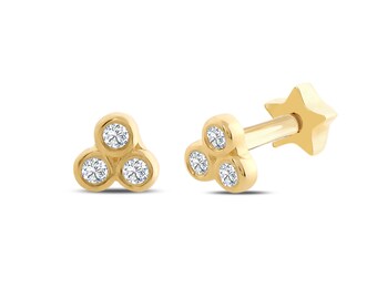 14K Solid Gold Trio Piercing, Gold Tragus Piercing, Cartilage Tragus Trio Piercing, Round Cut CZ Piercing, Dainty Single Earring, Real Gold
