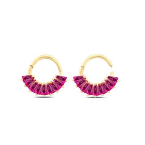 14K Solid White Rose Yellow Gold, Baguette Cut Ruby Clicker Huggie Hoop Cartilage Earring Conch Hoop Helix Hoop, 16g Piercing Jewelry