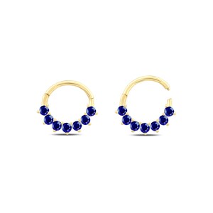 14K Solid White Rose Yellow Gold, 7 Round Cut Sapphire Clicker Huggie Hoop Cartilage Earring Conch Hoop Helix Hoop, 16g Piercing Jewelry