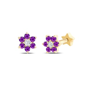 Genuine Amethyst 16g Tragus Earrings, Flower Design Stud Earrings, Gemstone Cartilage Piercing, Amethyst Helix Earring, Cartilage Piercing