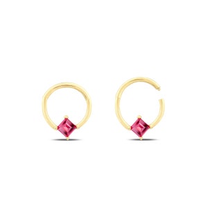 Square Cut 0.20 Carat Ruby Cartilage Hoop Earring, Dainty 14K Solid Gold Huggies Earring, Single Clicker Piercing, Helix & Rook Piercing