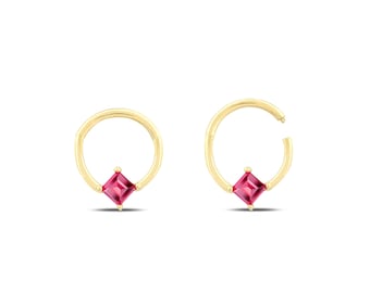 Square Cut 0.20 Carat Ruby Cartilage Hoop Earring, Dainty 14K Solid Gold Huggies Earring, Single Clicker Piercing, Helix & Rook Piercing