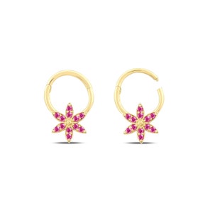 Flower Shape Ruby Hoop Daith Earrings, 14K Solid Gold Rook Huggie Piercing, Minimal Everyday Conch Hoop, Gift for Her, Flower Earring