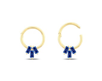 14K Solid Gold Trio Sapphire Hoop Earring, Natural Sapphire Clicker Single Earring, Gold Daith Rook Hoop Piercing, Sapphire Clicker Piercing