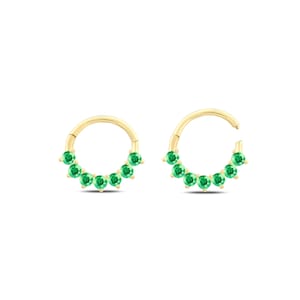 14K Solid White Rose Yellow Gold, 7 Round Cut Emerald Clicker Huggie Hoop Cartilage Earring Conch Hoop Helix Hoop, 16g Piercing Jewelry