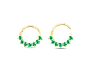 14K Solid White Rose Yellow Gold, 7 Round Cut Emerald Clicker Huggie Hoop Cartilage Earring Conch Hoop Helix Hoop, 16g Piercing Jewelry