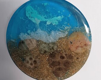 Set of 4 coasters: Petoskey stones, rocks w/ beach theme
