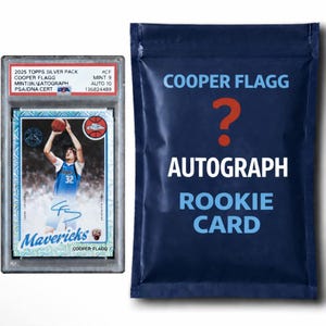 May include: A silver pack and a dark blue sealed bag. The pack contains a Cooper Flagg rookie card with a player in a blue jersey. The bag reads "COOPER FLAGG AUTOGRAPH ROOKIE CARD" with a question mark.