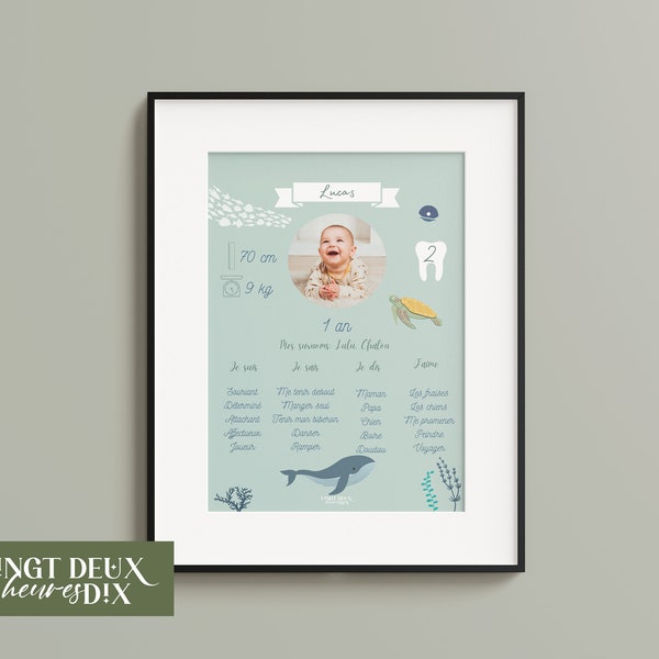 Affiche personnalisée mer / océan / animaux marins anniversaire ou baptême avec photo de l'enfant (imprimée ou PDF)