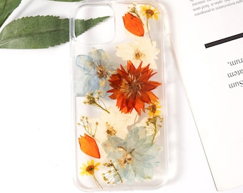 Étui iPhone à fleurs pressées, iPhone 15 14 13 12 11 Pro Max 7 8 14 15 Plus XR X XS Max Étui à fleurs séchées faites à la main, cadeau d’anniversaire pour elle