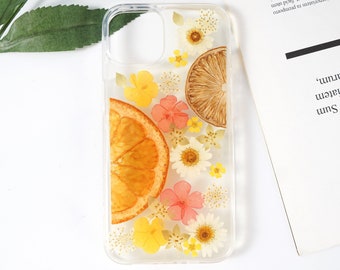 Pressed Flower Lemon iPhone Case, iPhone 15 14 13 12 11 Pro Max 7 8 14 15 Plus XR X XS Max Handmade Dried Flower case, Birthday Gift for Her