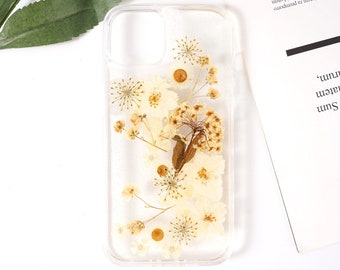 Fleur blanche pressée, coque pour iPhone, iPhone 15 14 13 12 11 Pro Max 7 8 14 15 Plus, iPhone XR X XS Max, fleurs séchées faites main, cadeau d'anniversaire