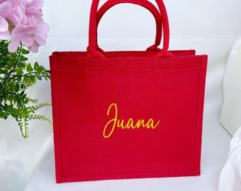 Embroidered Christmas Gift Bag, Red Burlap Party Favor