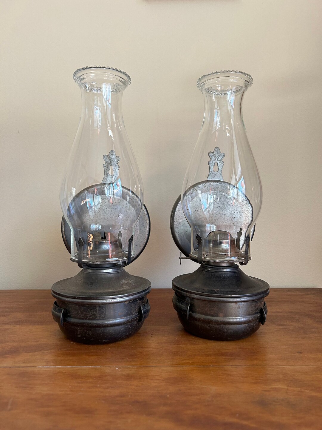 Pair of Vintage Tin Wall Hanging Oil Lamps With Chimney Glass Etsy
