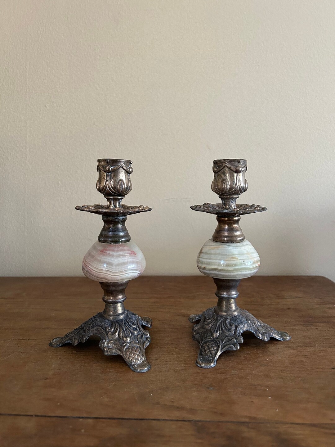 Pair of Vintage Ornate Brass and Marble Candle Holders Etsy