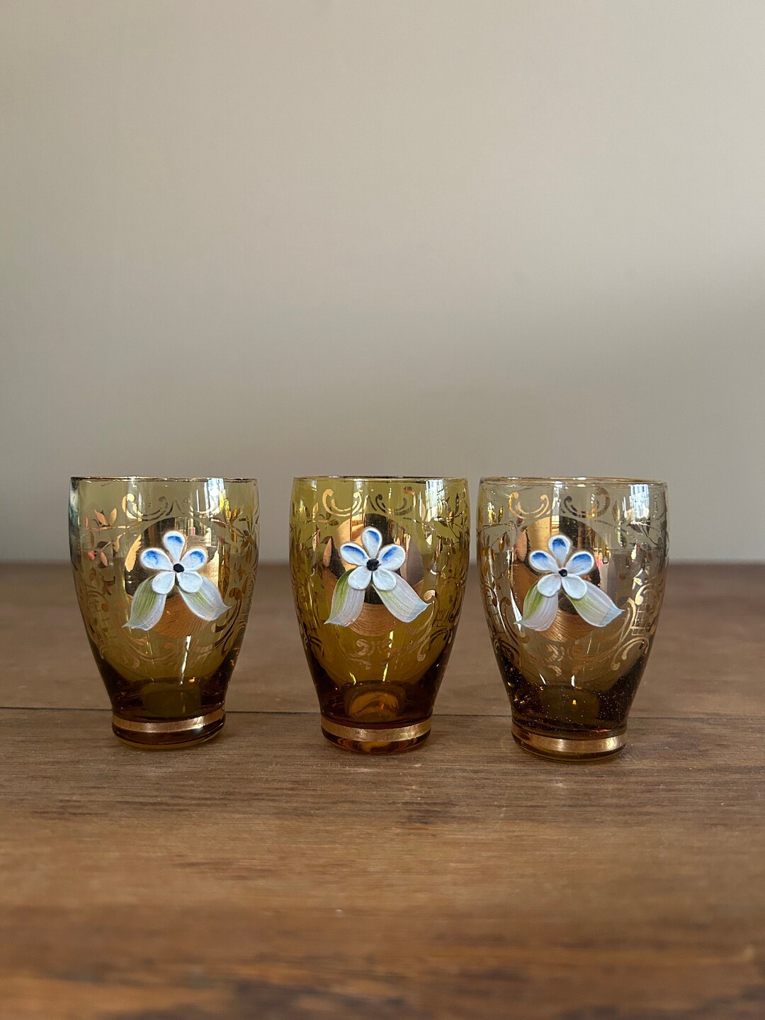 Set of 3 Vintage Liqueur Glasses With Hand Painted Flowers Etsy