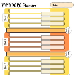 Könnte beinhalten: Ein druckbarer Pomodoro-Planer mit vier Blöcken à 25 Minuten Arbeitssitzungen und drei 5-Minuten-Pausen. Jeder Block ist in vier 25-Minuten-Abschnitte unterteilt. Der Planer soll Benutzern helfen, konzentriert und produktiv zu bleiben.