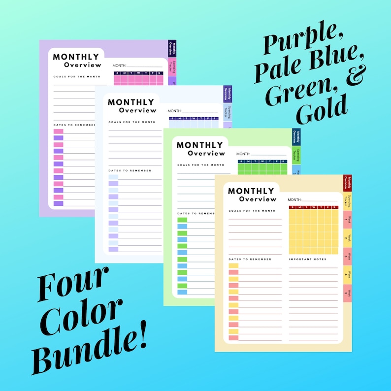 Reusable Monthly Planner PDF 4 Color Bundle: Links, Monthly Overview ...