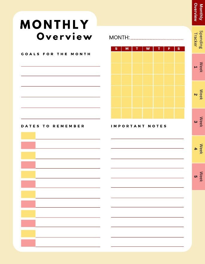 Reusable Monthly Planner PDF With Links, Monthly Overview, Spending ...