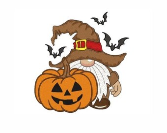 May include: A Halloween-themed illustration featuring a gnome with a brown witch hat, a red belt, and a white beard. The gnome is holding an orange jack-o'-lantern with a carved face. Three black bats are flying around the gnome.