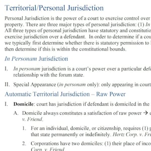 Pode incluir: Um documento de texto preto e branco com o título "Territorial/Personal Jurisdiction". O documento explica os diferentes tipos de jurisdição pessoal no direito, incluindo in personam, in rem e quasi in rem. O documento também discute o conceito de domicílio e como ele se relaciona com a jurisdição pessoal.