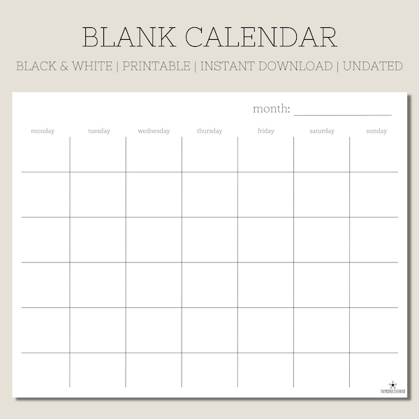 Blank Monthly Calendar Printable | Black and White Calendar | Minimalist Calendar | Blank Calendar Blank Monthly Planner