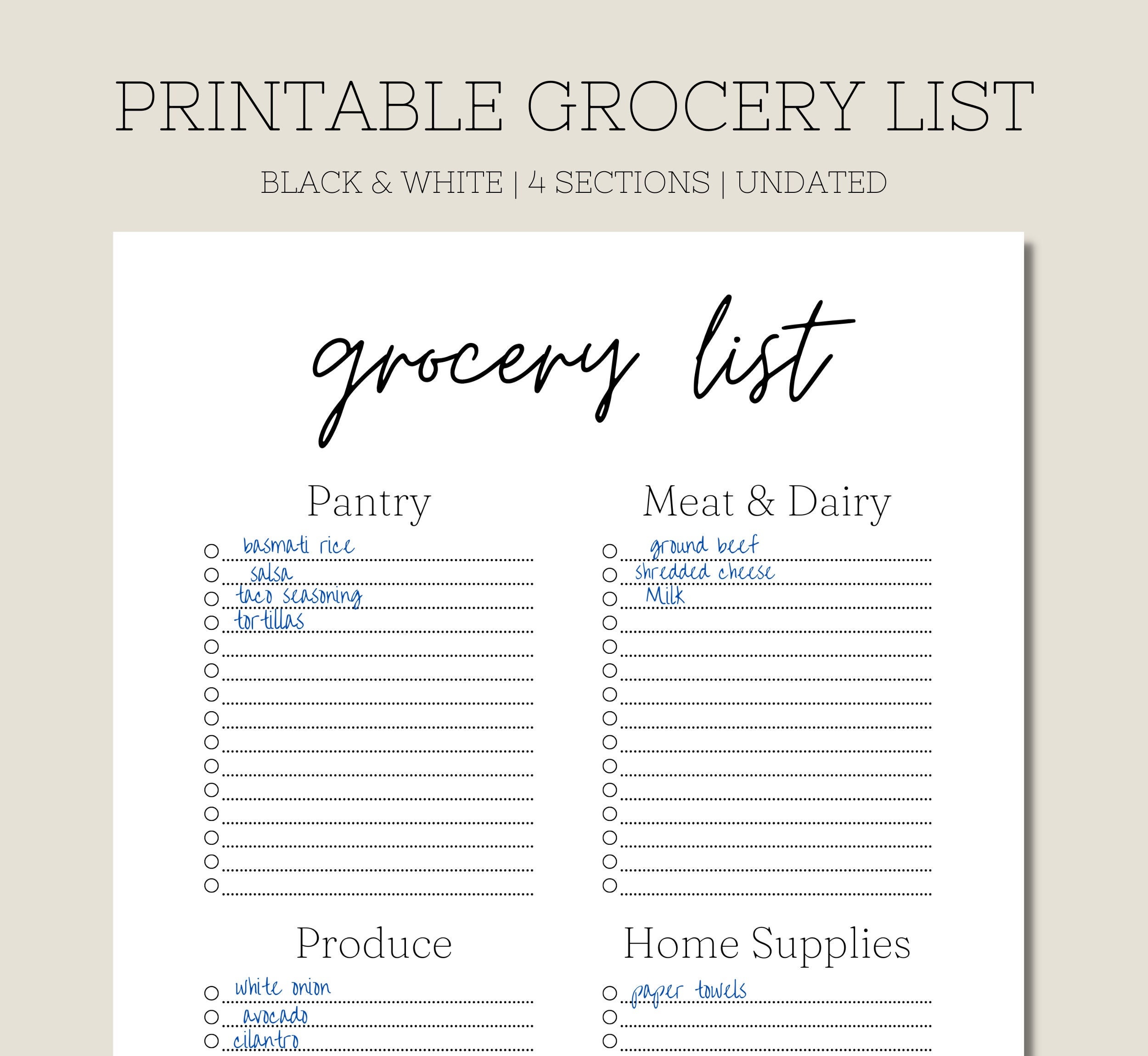 Printable Grocery List | Black and White Shopping List Printable ...