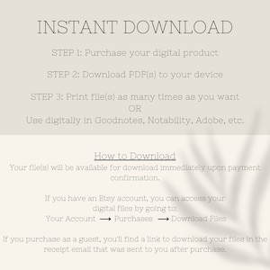 以下が含まれることがあります： Etsyで購入したデジタル製品のダウンロード方法を説明する、白い背景に黒いテキスト。テキストには、製品のダウンロード手順、Etsyアカウントを持っている場合やゲストとして購入した場合のファイルへのアクセス方法などが含まれています。