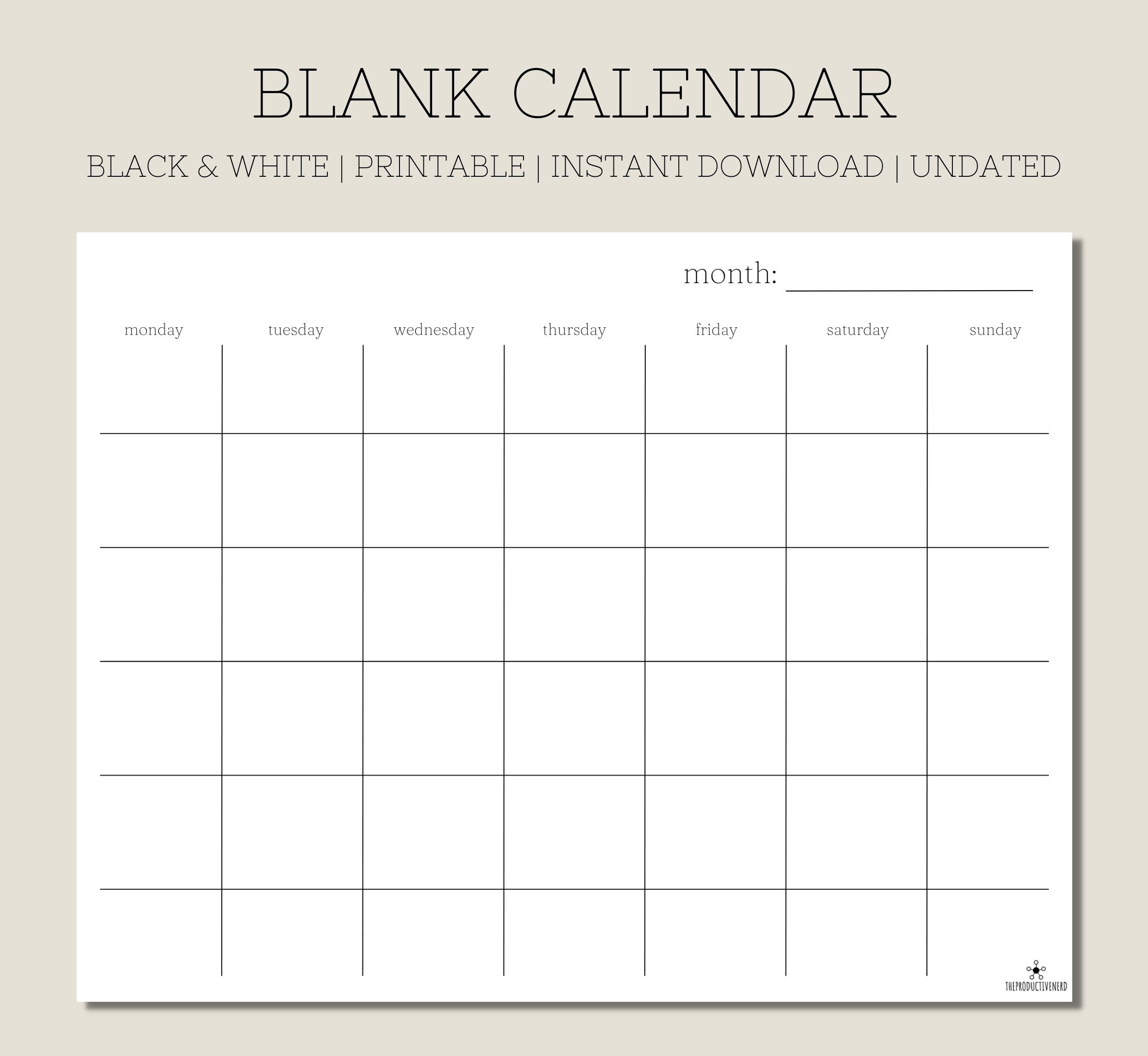 Blank Monthly Calendar Printable Black and White Calendar Minimalist