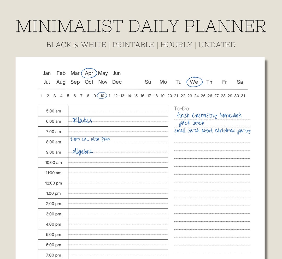 Minimalist daily planner hourly planner black and white digital
