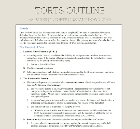 Torts Outline | 1L Law School Notes | Law School Outline Tort Law | Bar Exam Bar Prep | Law School Outlines
